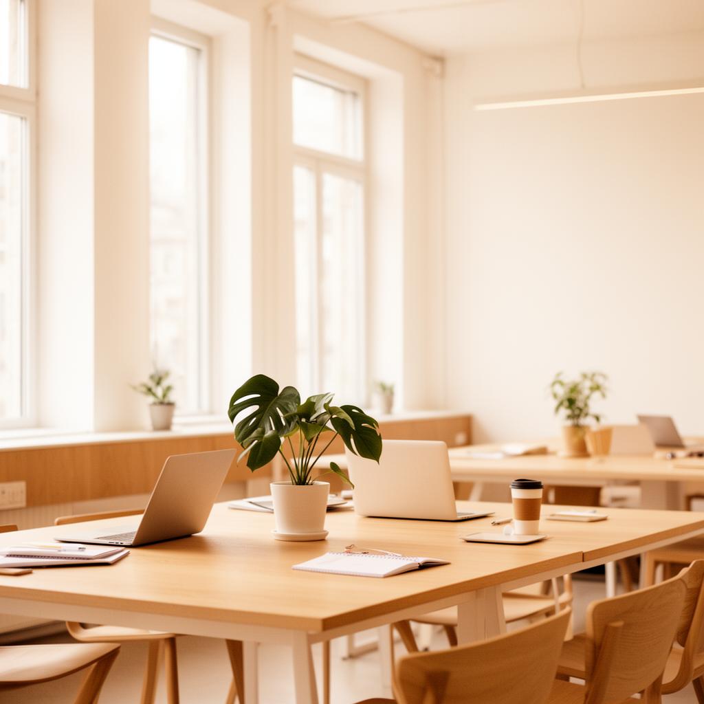 A bright modern workspace with laptops and plants