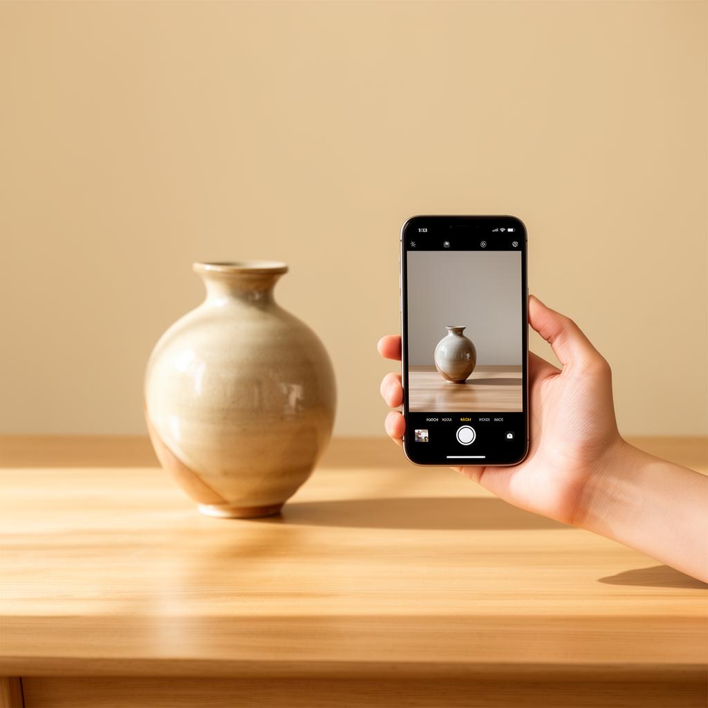 Hand holding a smartphone taking a photo of a ceramic product