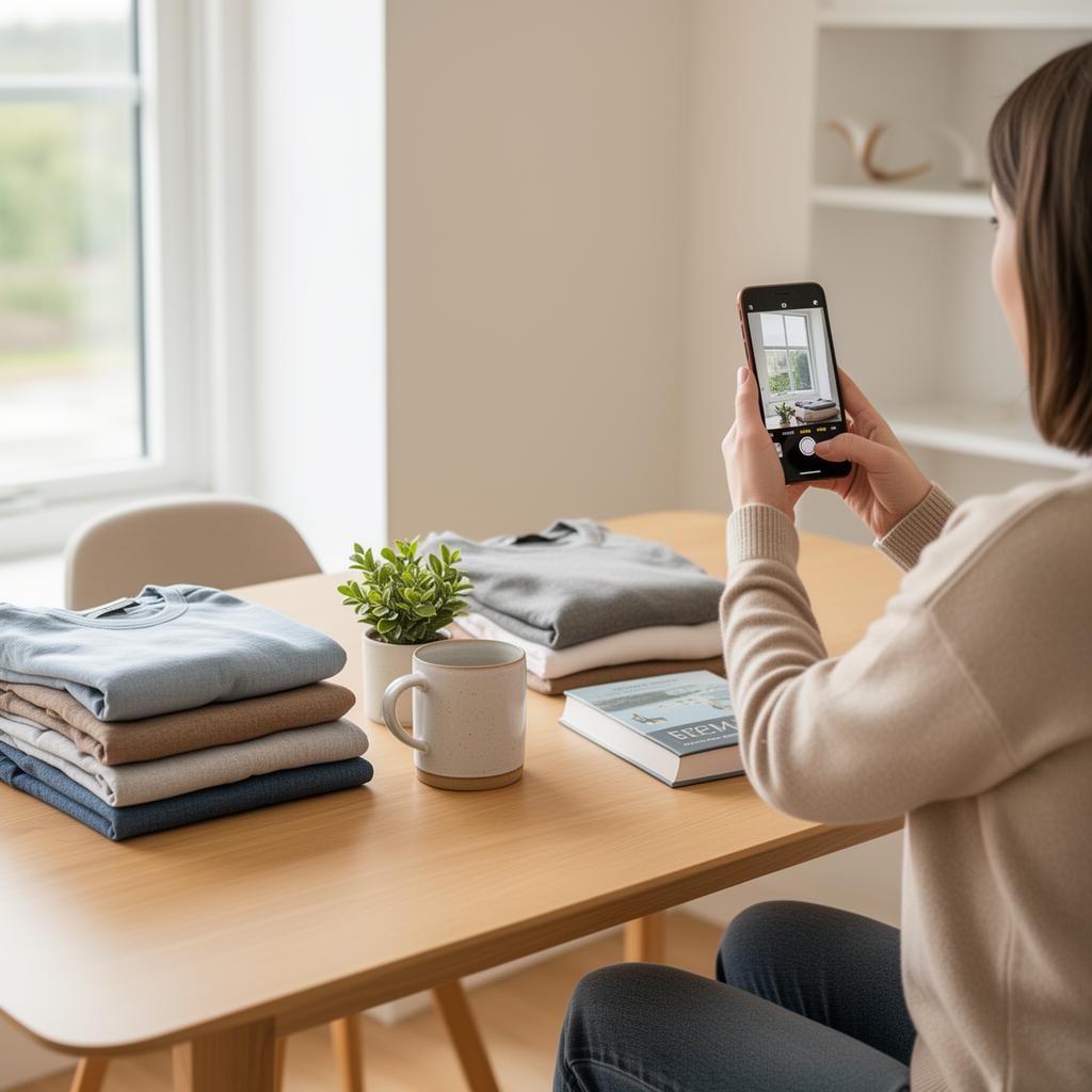 A bright home interior with someone photographing items to sell