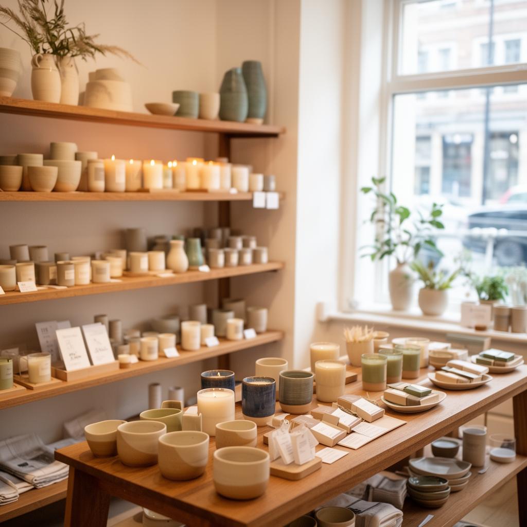 A curated boutique shop interior with handmade ceramics and artisan products