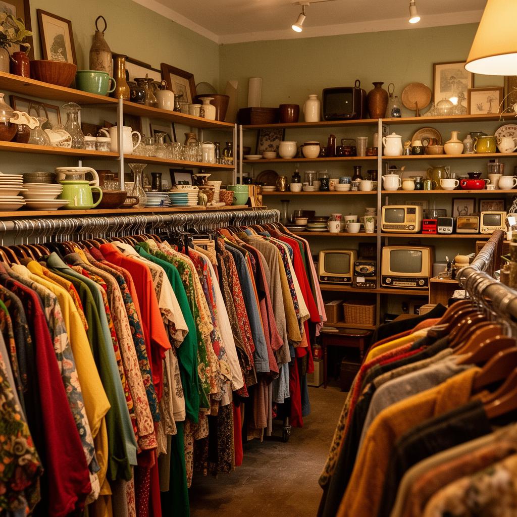 A vibrant thrift store interior with vintage clothing and eclectic homeware